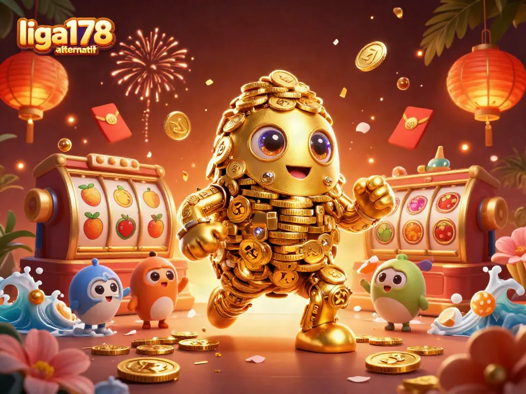 Golem emas bergerak dengan simbol mesin slot, menghidupkan liga178 alternatif dalam ilustrasi kasino.
