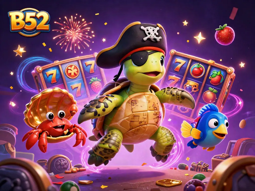 B52 casino illustration showcasing a colorful pirate theme with characters and slot game elements for an engaging experience.