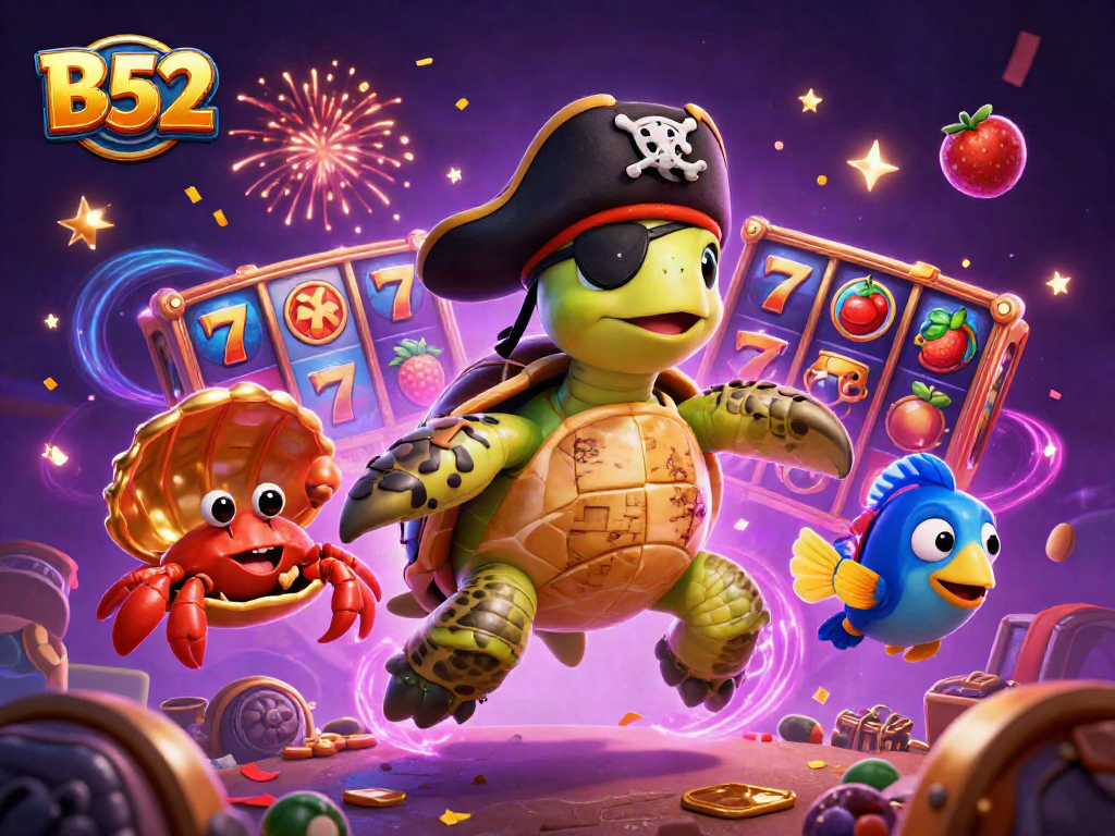 B52 casino illustration showcasing a colorful pirate theme with characters and slot game elements for an engaging experience.