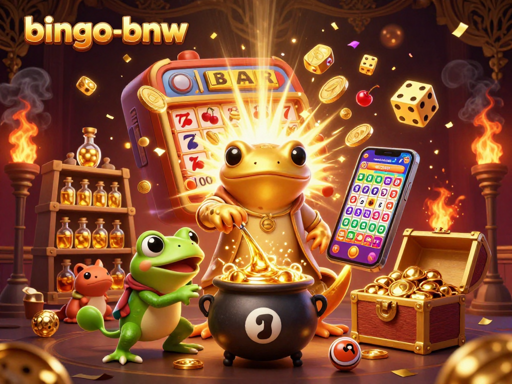 Bingo-bnw game scene with an alchemist, frog, and newts creating excitement.