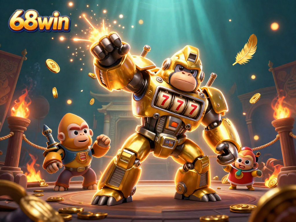 Experience thrilling gaming at 68win with a dynamic illustration of a golden gorilla mech champion in action.