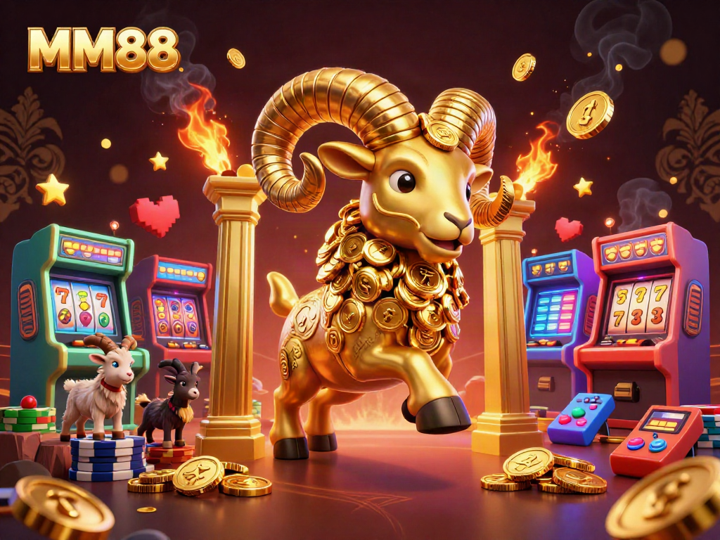 Engage with MM88's vibrant casino world, featuring a golden ram charging through a slot-themed landscape.