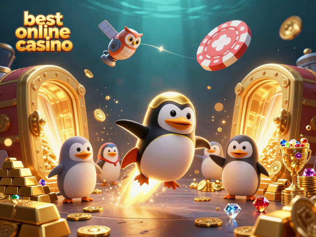 Experience the best online casino excitement with a golden penguin blasting through space toward a giant poker chip.