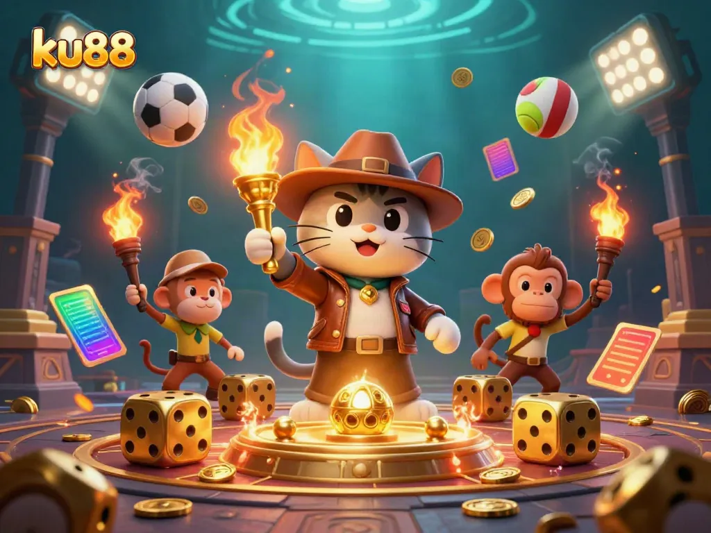 Engage in thrilling gaming experiences at ku88 with our vibrant and dynamic casino-themed 3D illustration.