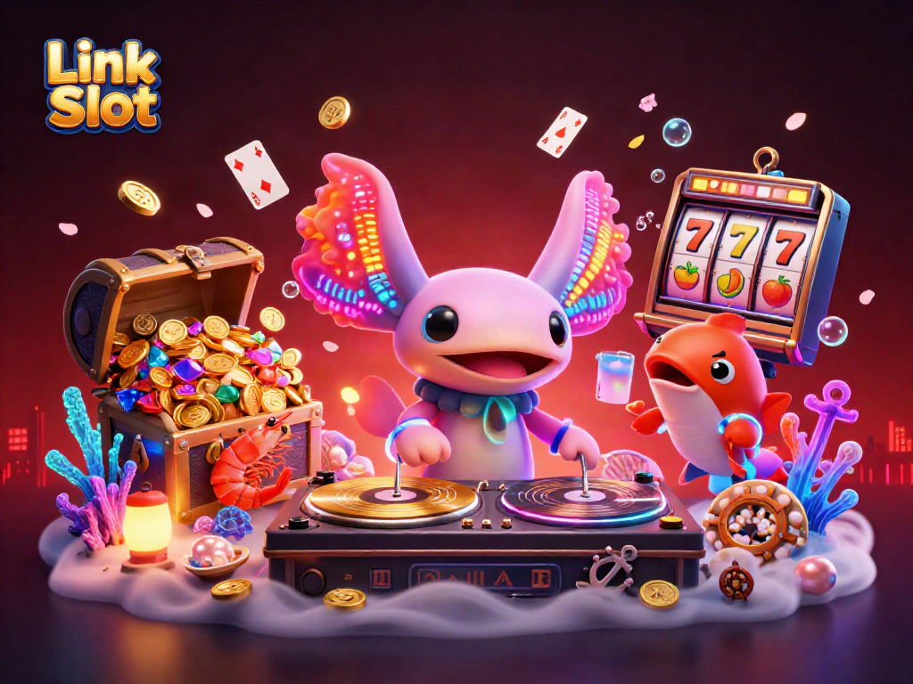 Engage in the exciting Link Slot with neon axolotl DJ, colorful gems, and slot reel action!