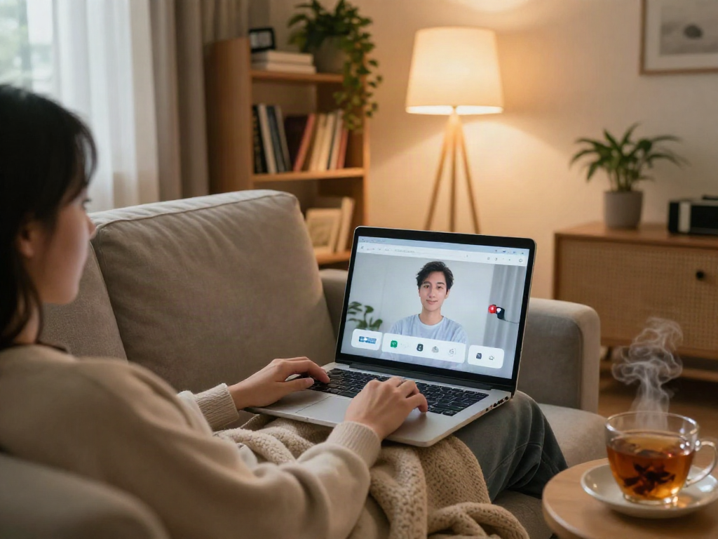 Engaging in a sex AI chat in a cozy home setting with laptop and tea.