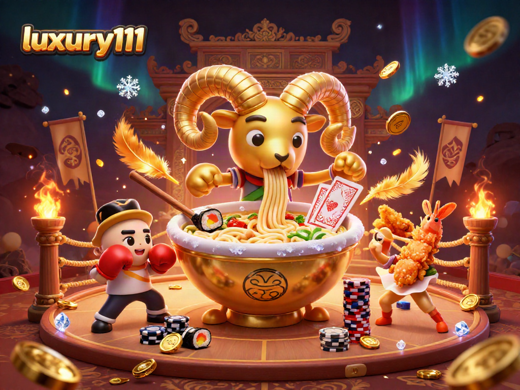 luxury111 showcases a vibrant casino scene featuring a giant ramen bowl dealing cards, surrounded by dynamic game elements