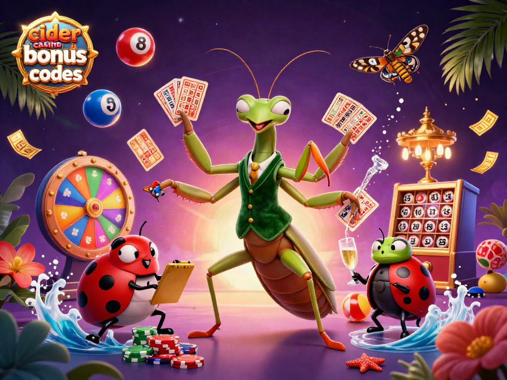 Cider casino bonus codes showcase a vibrant scene with a giant praying mantis and ladybug pit boss dealing cards and gold coins.