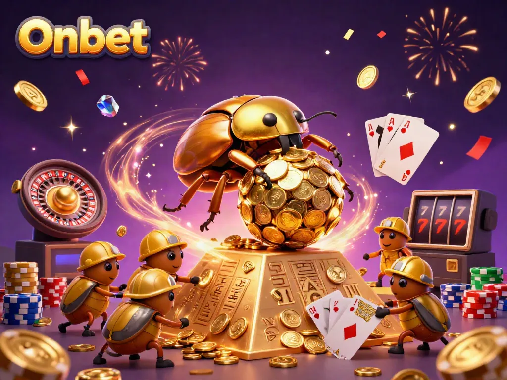 Experience thrilling gameplay in Onbet with a golden dung beetle rolling coins, surrounded by casino elements.
