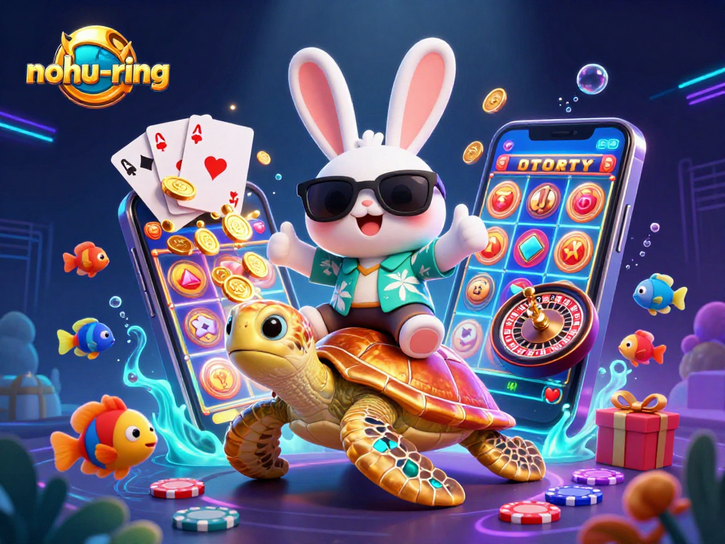 Win big with nohu-ring! Dynamic 3D illustration of a lucky rabbit and sea turtle amidst vibrant casino elements.