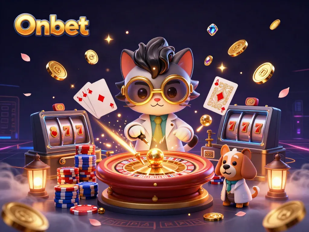 Experience Onbet's vibrant casino world with mad scientist cat and dog in a magical games lab.