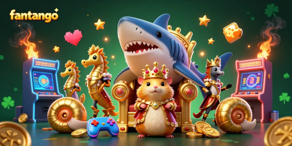 Experience the exciting world of fantango as a golden hamster king rules from his shark throne, surrounded by vibrant gaming elements.