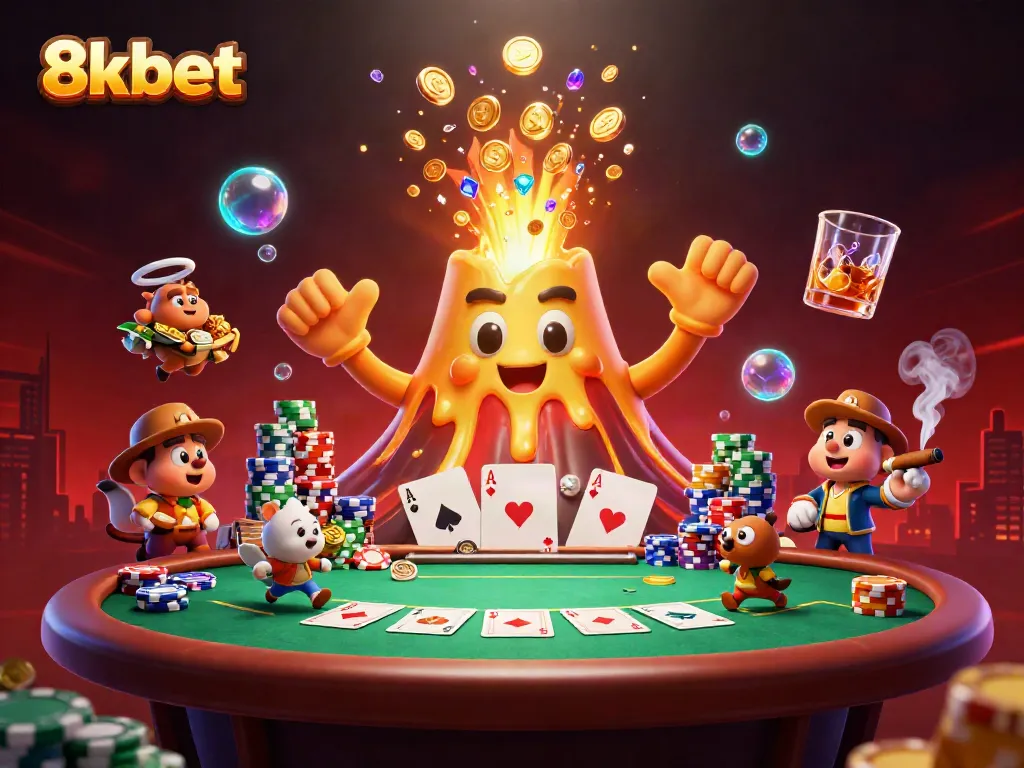 8xbet's golden volcano erupts with treasures, showcasing dynamic poker elements in a vibrant casino setting.