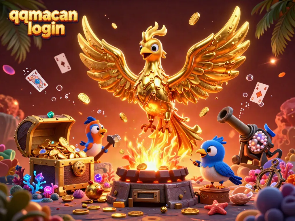 Experience the thrill of qqmacan login with vibrant characters and gold coins, representing dynamic gaming excitement.