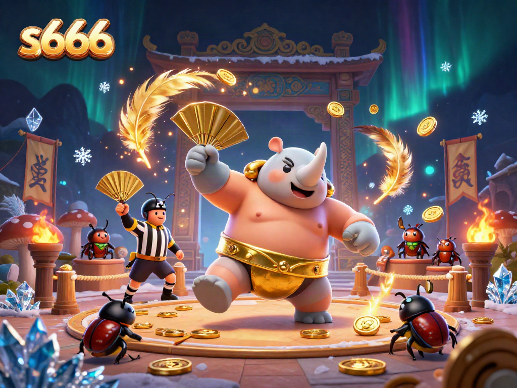 Engage with the vibrant s666 casino scene featuring a beetle champion amidst flying coins and dynamic game elements.