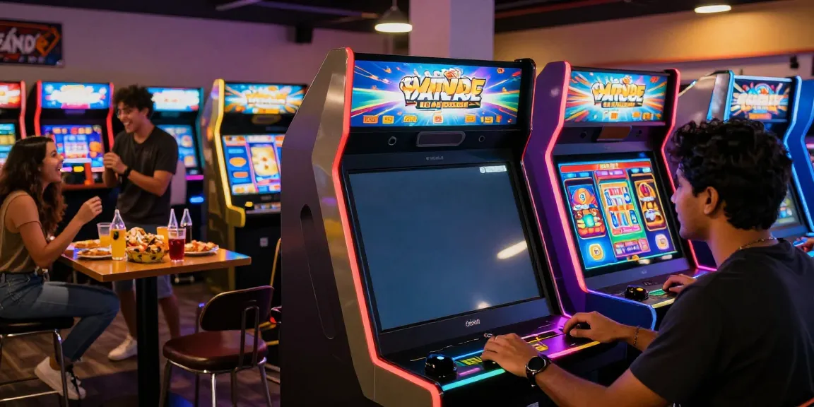 Engaging scene of friends playing Yono Arcade games in a lively gaming lounge.