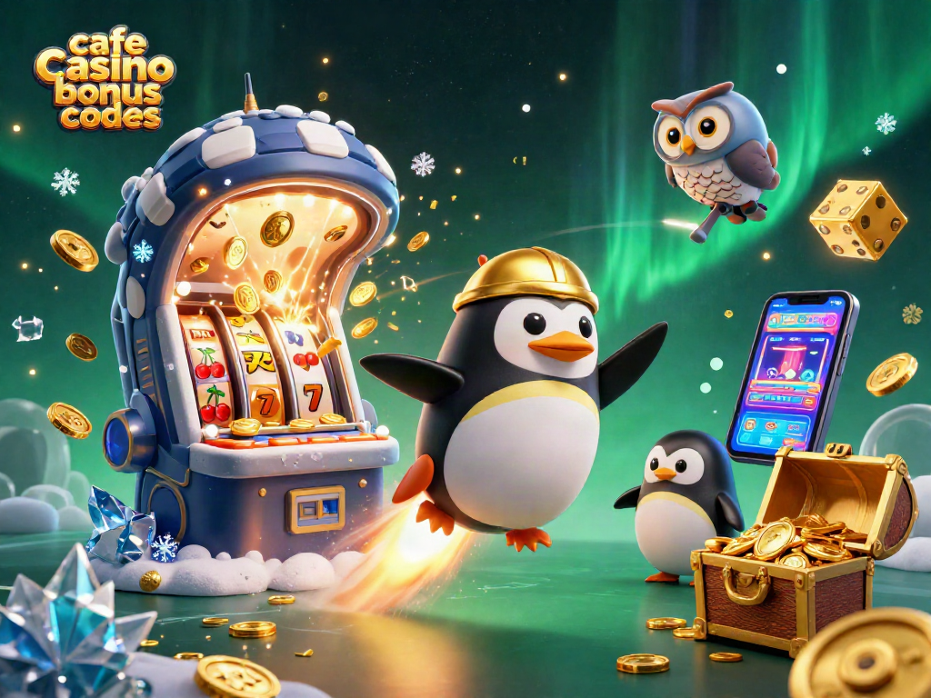 Engage with exciting cafe casino bonus codes in this vibrant 3D cartoon casino scene full of dynamic elements.