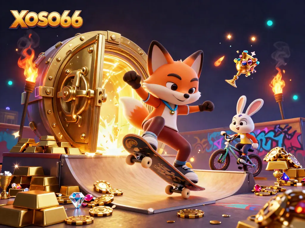 XOSO66 features a vibrant casino scene with a skateboarder fox and BMX-riding rabbit celebrating gaming riches.