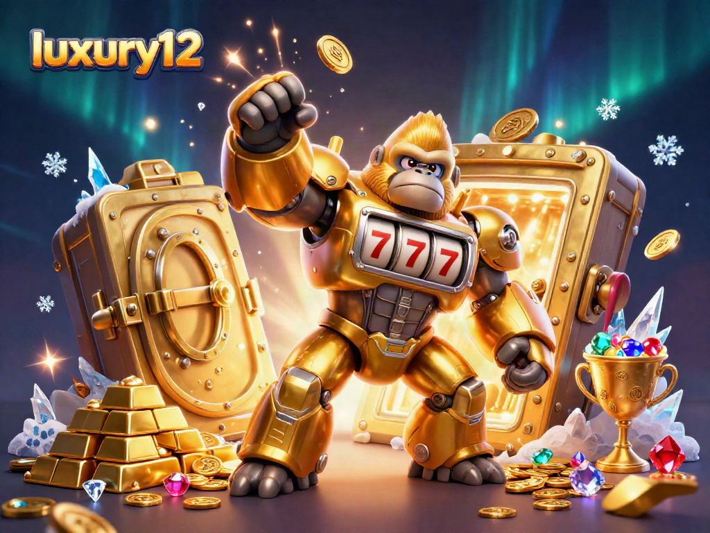 Experience the excitement of luxury12 with a dynamic golden gorilla mech amid spinning reels and treasure.
