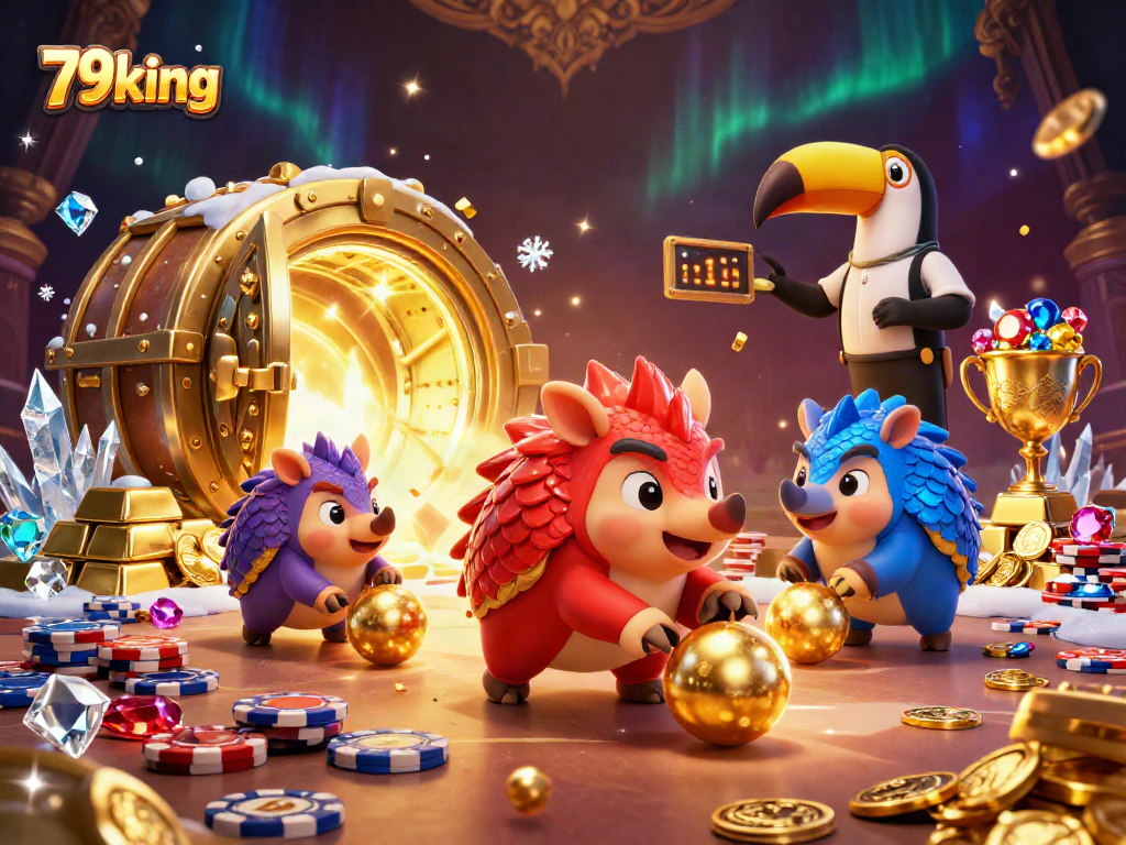 79king pangolins battle as they bowl through poker chips in a vibrant casino scene.