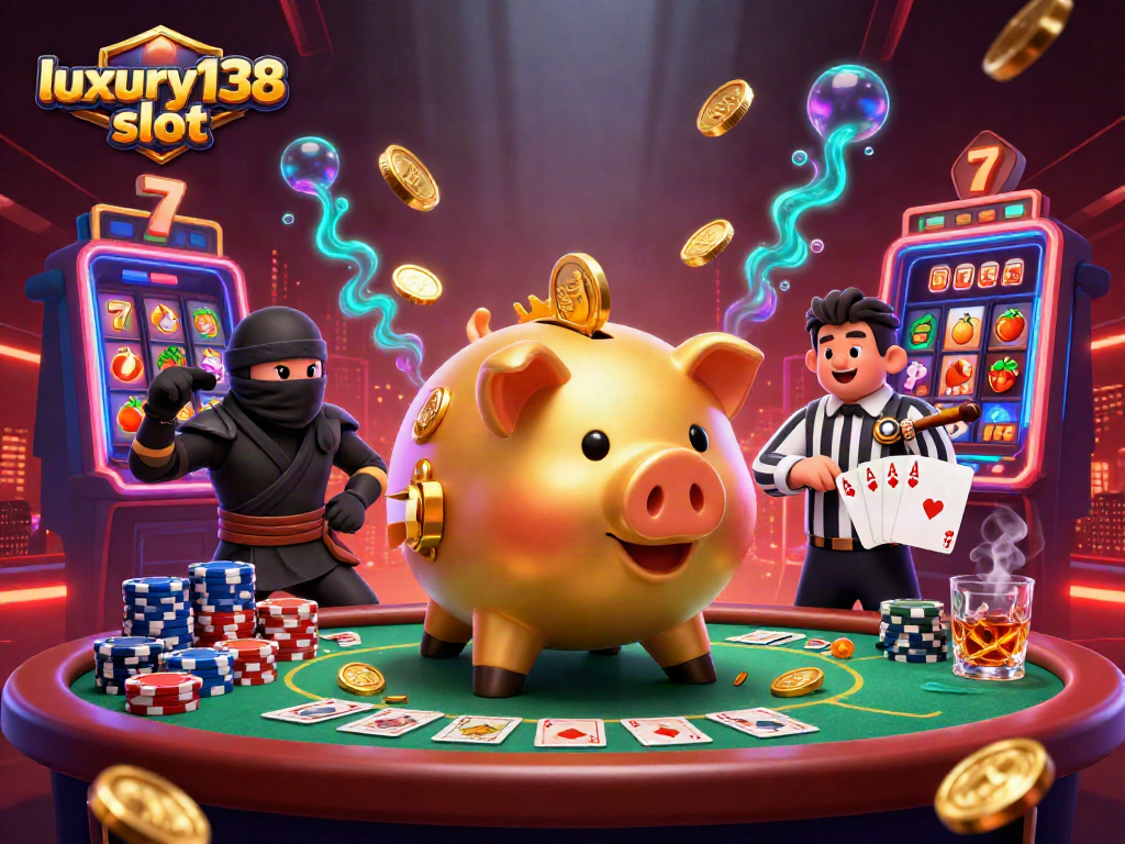 Slot luxury138: ilustrasi slot dengan karakter menarik mengguncang koin emas.