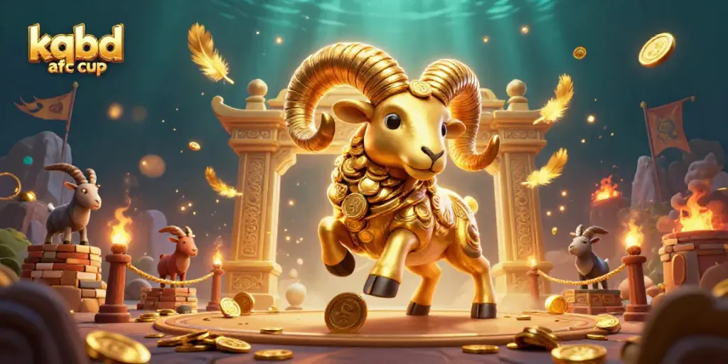 Engage with the kqbd afc cup in a vibrant scene depicting a golden ram charging through a betting arena filled with dynamic game elements.
