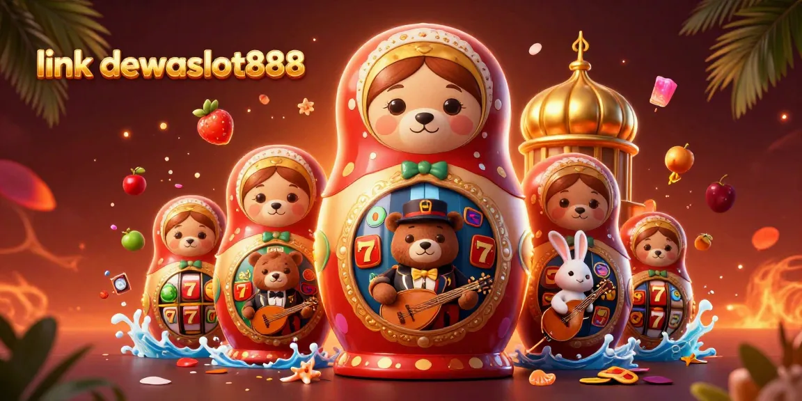 Masuk ke dunia hiburan dengan link dewataslot888, menampilkan karakter beruang Matryoshka dan elemen permainan kasino.
