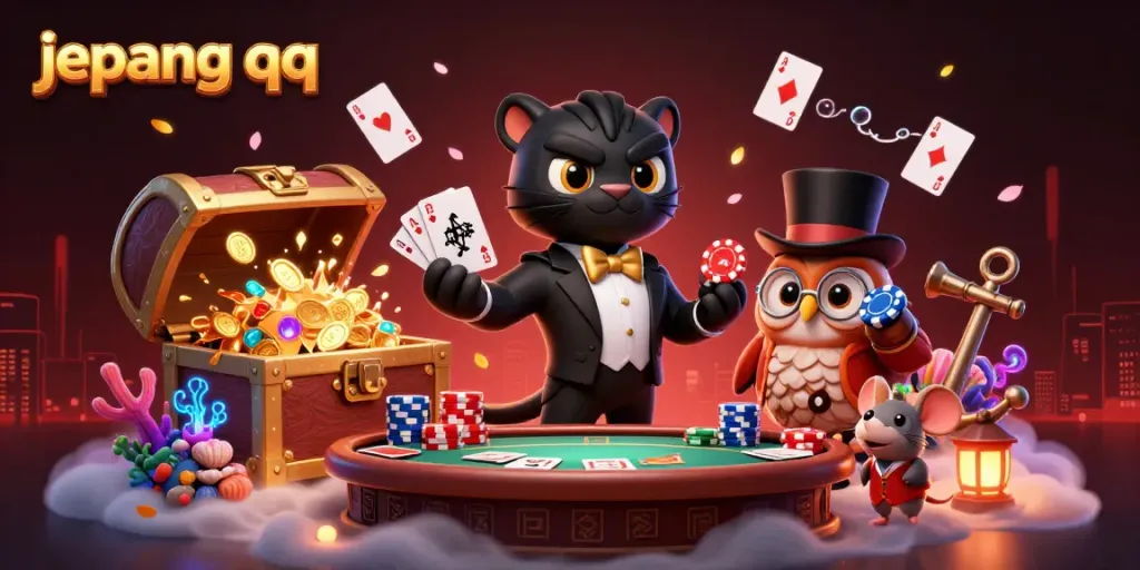 Jepang QQ memukau dengan ilustrasi 3D kucing hitam elegan bermain kartu dan karakter menarik di sekelilingnya.