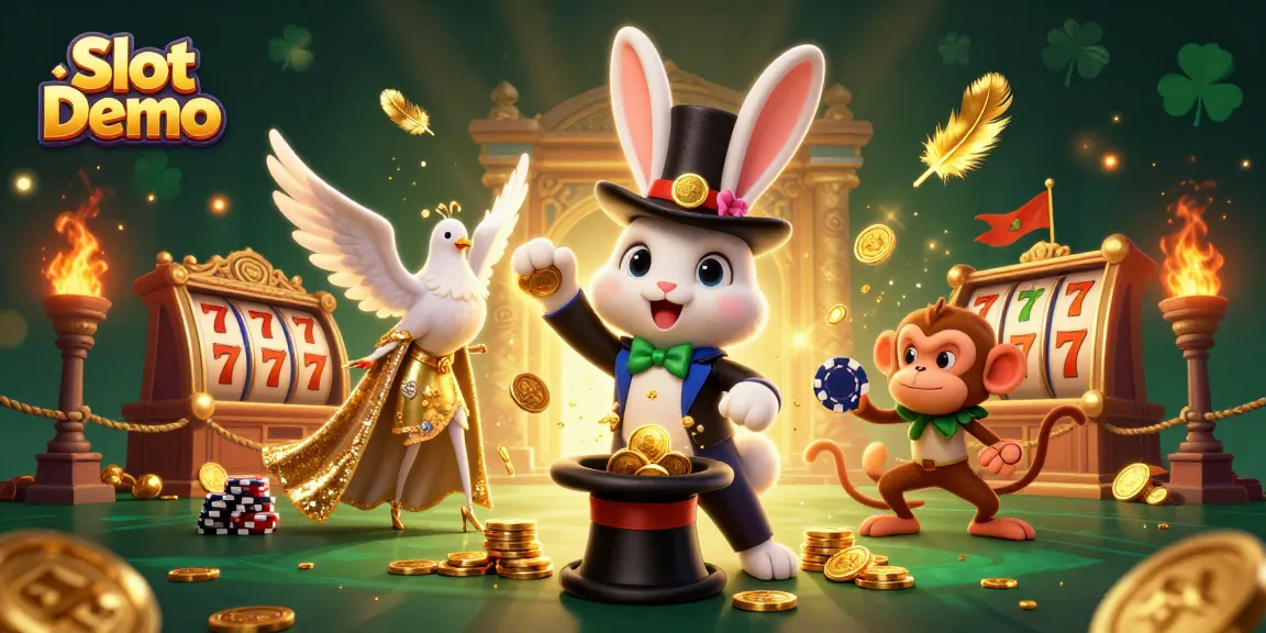 Engage with Slot Demo action showcasing a magical scene with a rabbit pulling coins, a dove, and a monkey.