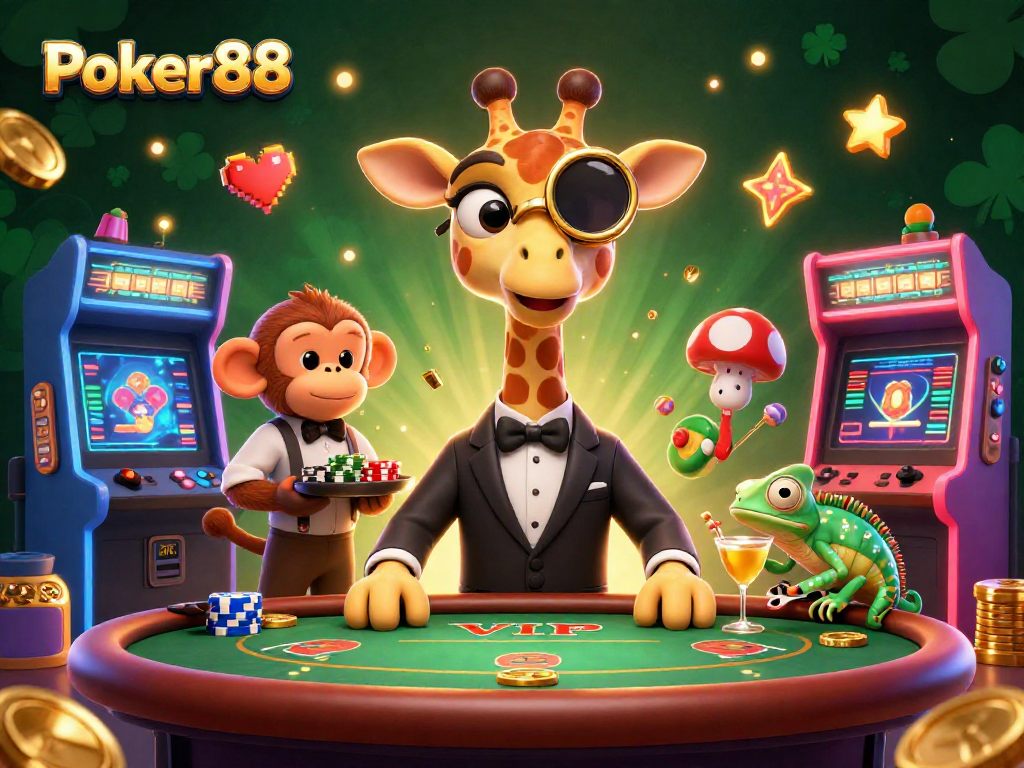 Engage with Poker88's vibrant atmosphere as a high-roller giraffe enjoys VIP poker alongside a monkey valet and chameleon bartender.