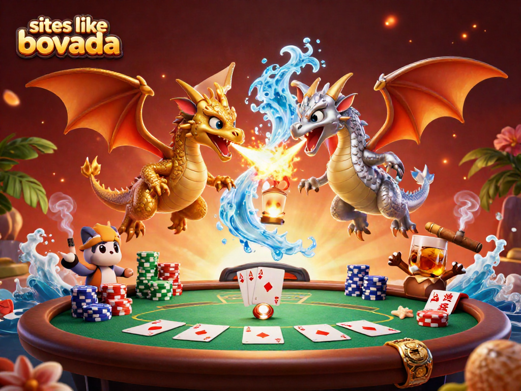 Experience thrilling casino action with sites like Bovada featuring poker tables, winning hands, and animated dragons.
