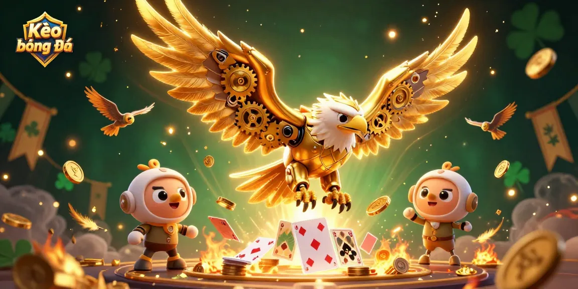 Kèo Bóng Đá betting action scene with a golden eagle amidst holographic cards.