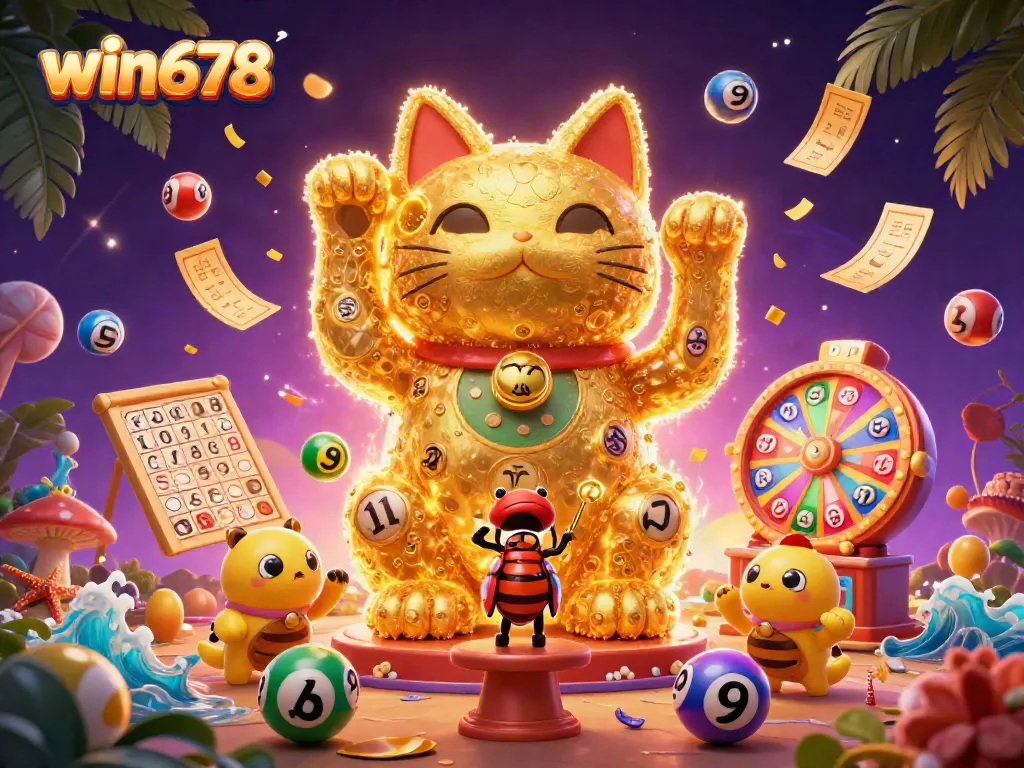 Experience the excitement of win678 casino with dynamic golden fireflies and vibrant lottery elements in a stunning 3D display.