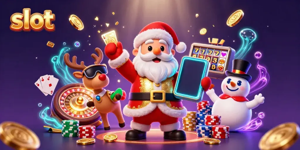 Slot jackpot memikat dengan Santa 3D dalam suasana kasino, dikelilingi koin emas.