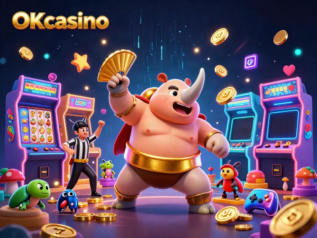 ภาพของ OKcasino ที่มีแมลงปีกแข็งซูโม่ในชุดพิเศษกำลังแสดงท่าทางท้าทายกลางบรรยากาศของคาสิโน