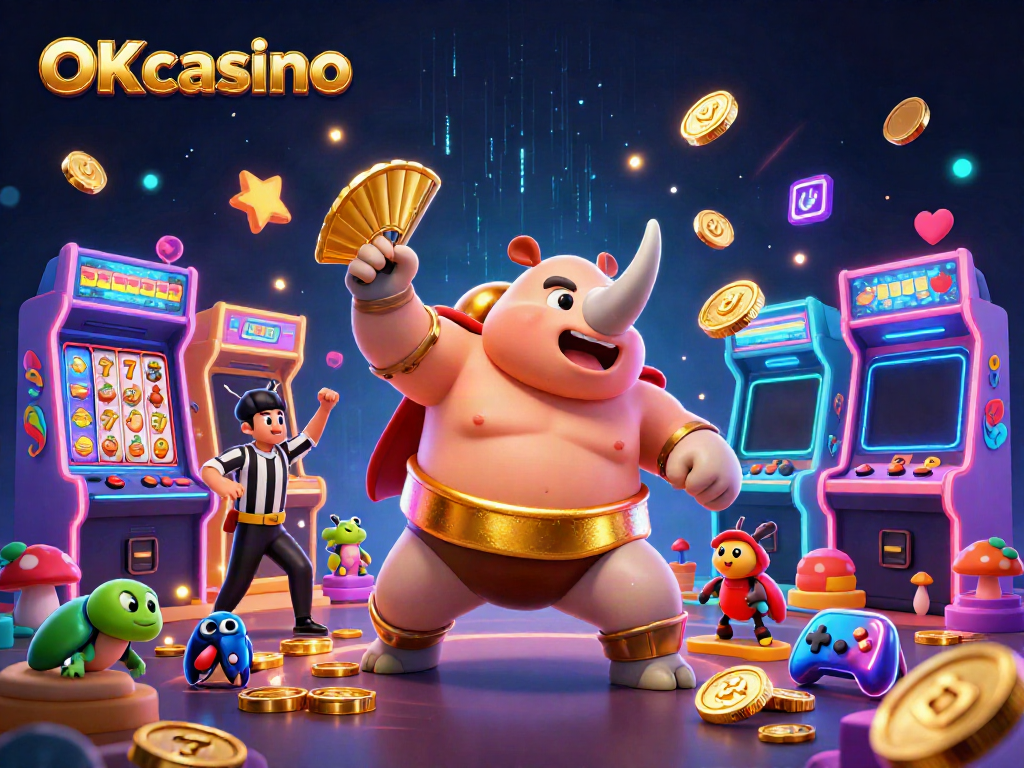 ภาพของ OKcasino ที่มีแมลงปีกแข็งซูโม่ในชุดพิเศษกำลังแสดงท่าทางท้าทายกลางบรรยากาศของคาสิโน