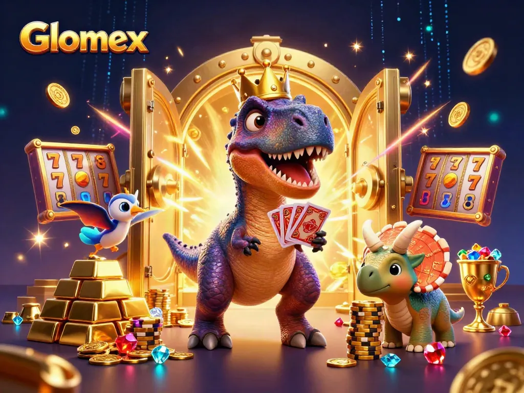 Glomex T-Rex shuffles cards in an exciting casino environment with colorful slot elements.