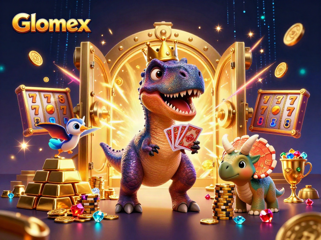 Glomex T-Rex shuffles cards in an exciting casino environment with colorful slot elements.