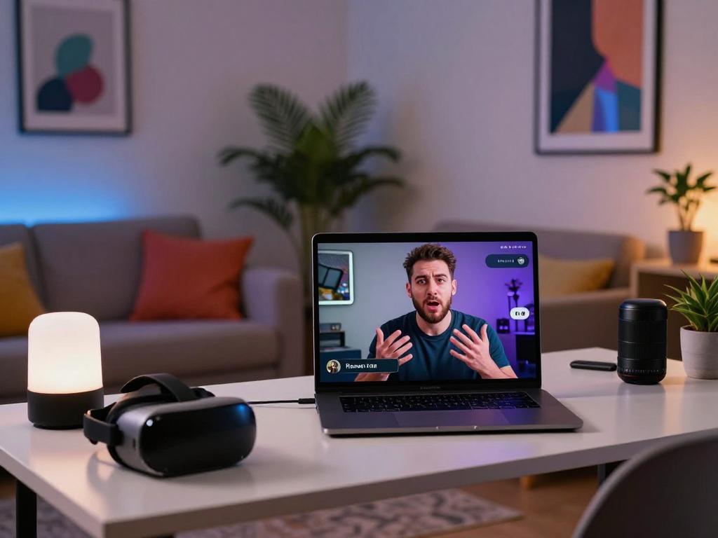 Engaging in a porn AI chat experience with a digital avatar in a modern living room setting.