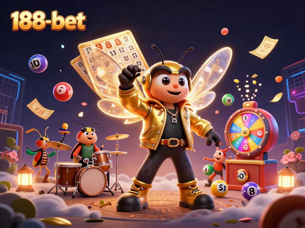 Experience the excitement of 188-bet with a lively casino scene featuring a cicada rock star and vibrant game elements.