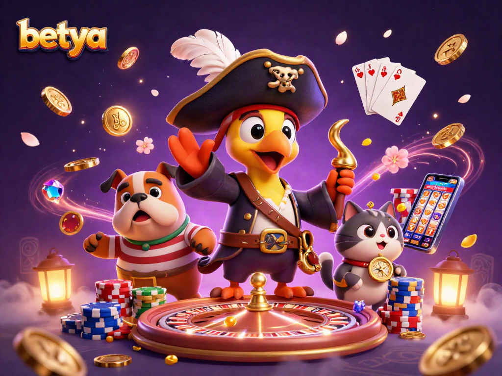 Experience thrilling gaming at betya with a colorful pirate-themed casino scene, featuring vibrant characters and game elements.
