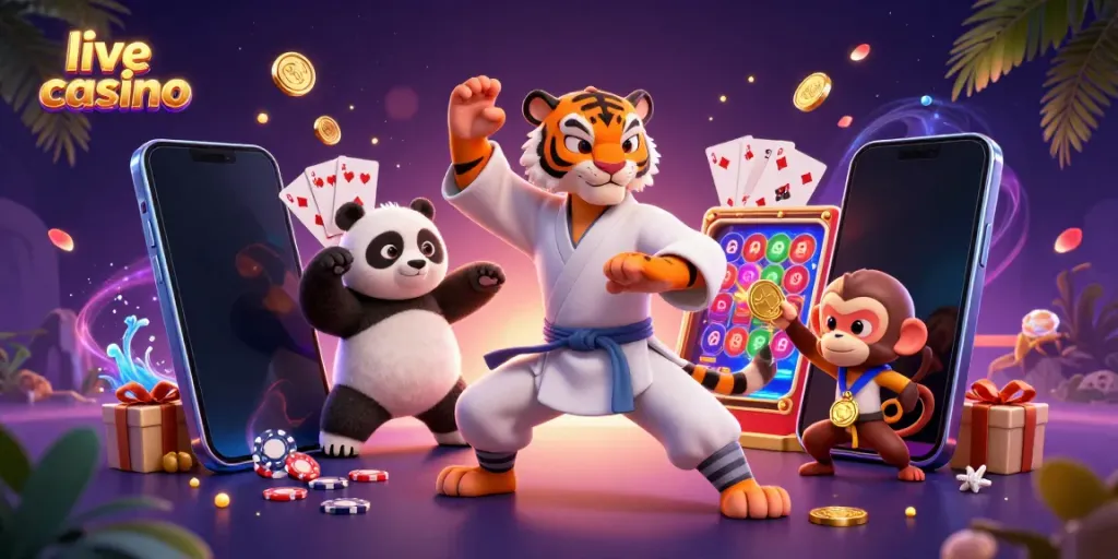 Engage in live casino excitement with a kung fu master, panda disciple, and playful monkey amidst vibrant gaming elements.