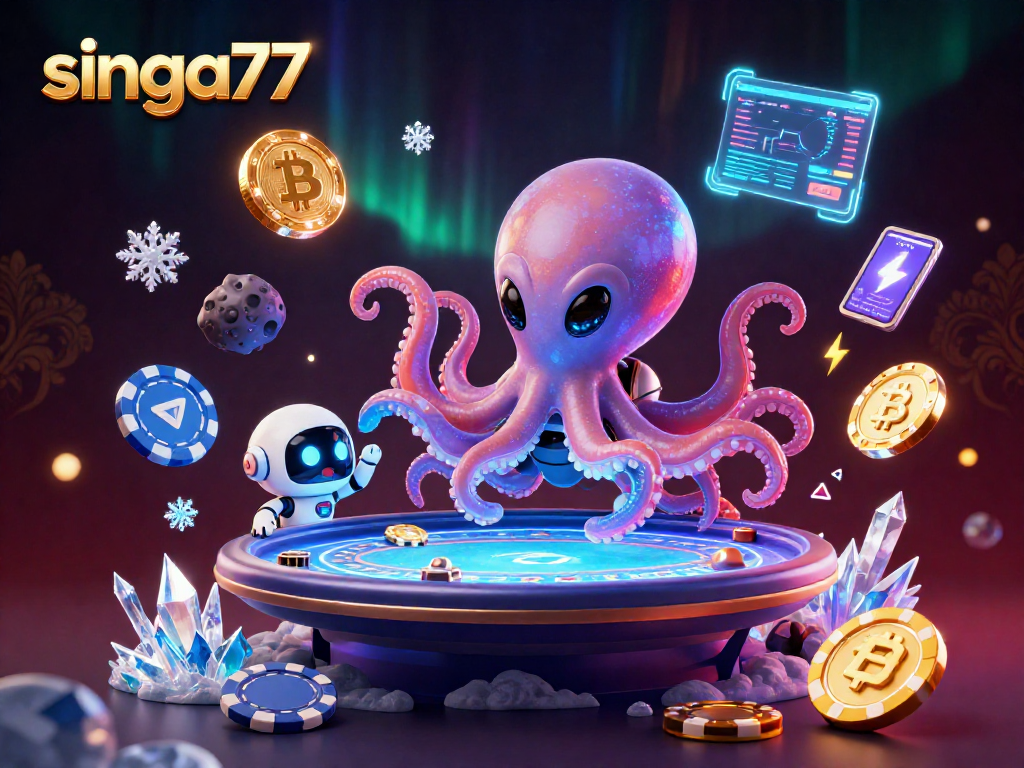 Singa77 engages players with holographic poker in a vibrant cosmic setting filled with crypto elements.