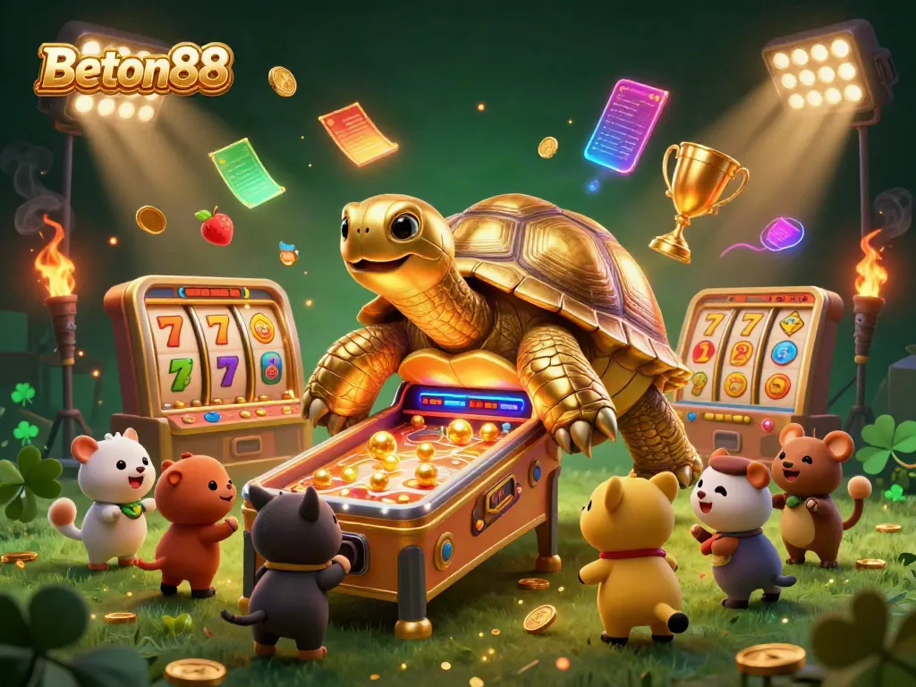 Permainan slot seru Beton88 dengan karakter penyu emas dan bola emas berjatuhan di dalam mesin pinball.