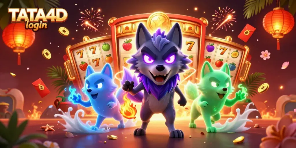Engage in thrilling gameplay with the immersive TATA4D login experience, featuring vibrant slot elements and spectral wolves.