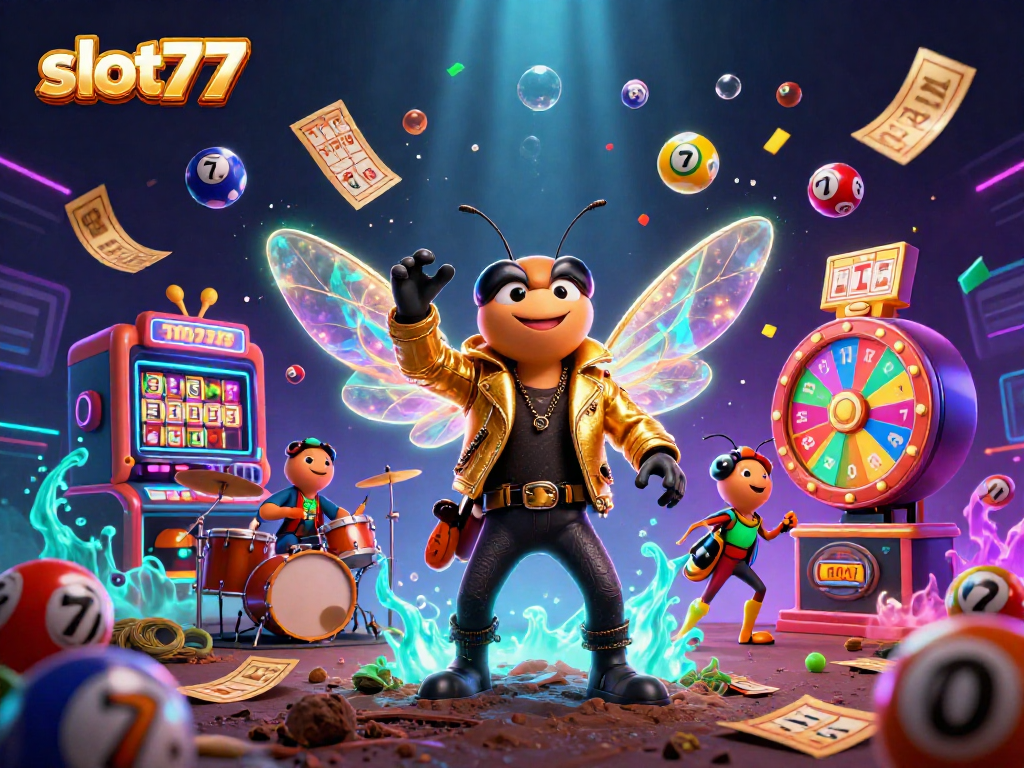 Permainan slot777 menarik dengan cicada rock star dan efek menarik di sekelilingnya.