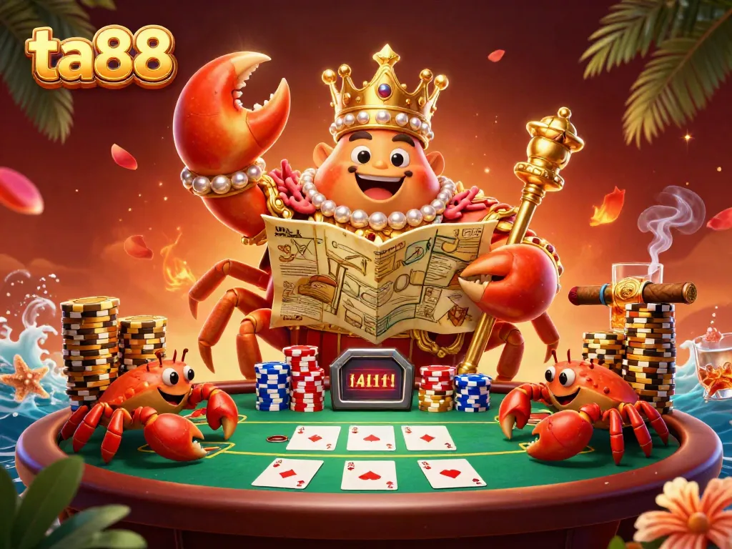Experience ta88 with a royal crab emperor ruling a dynamic poker scene filled with chips and cards.
