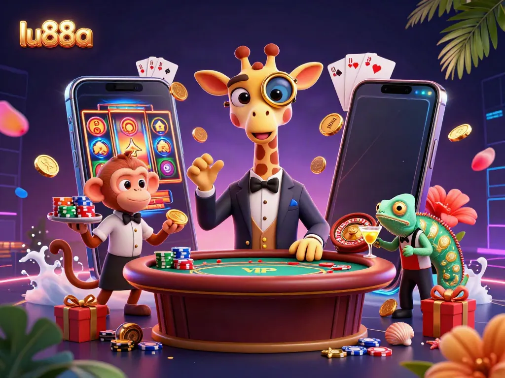 Experience thrilling gameplay at lu88a with a high-roller giraffe, monkey valet, and chameleon bartender in a vibrant casino scene.