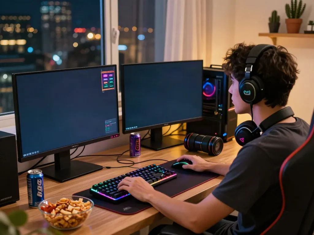 Gamer immersed in slot games with dual monitors displaying akunjp graphics, cozy home gaming setup.