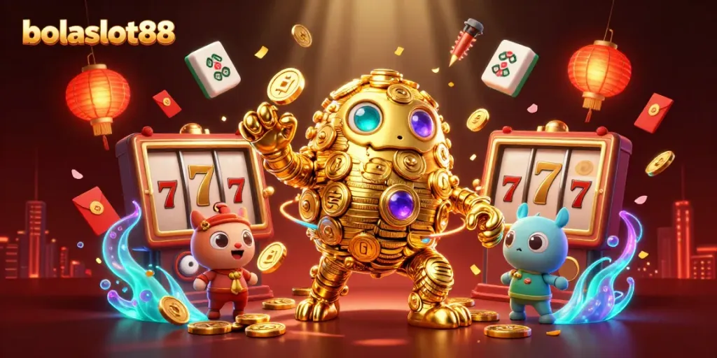 Bolaslot88 presents a lively casino scene with a golden golem, slot reels, and vibrant decorations.